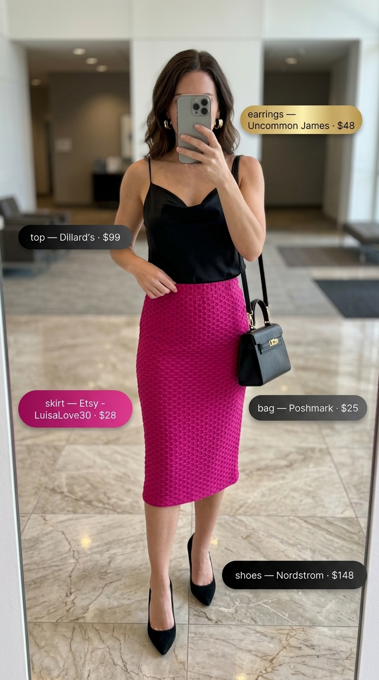 Cool summer office outfits for women 2026: Fuchsia pencil skirt with a black silk blouse and stiletto pumps for a bold look.