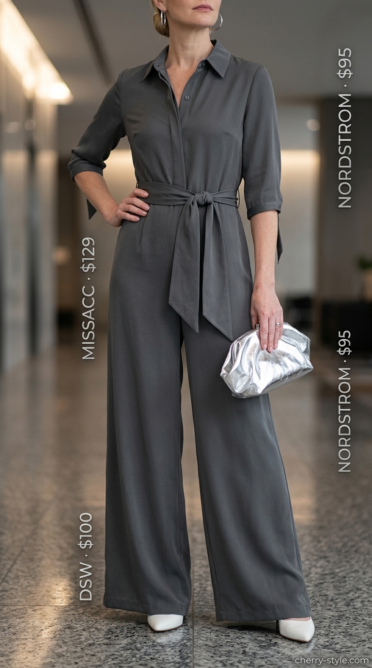 Cool summer office outfits for women 2026: Charcoal gray wide-leg jumpsuit with white pumps and silver accessories for a presentation.