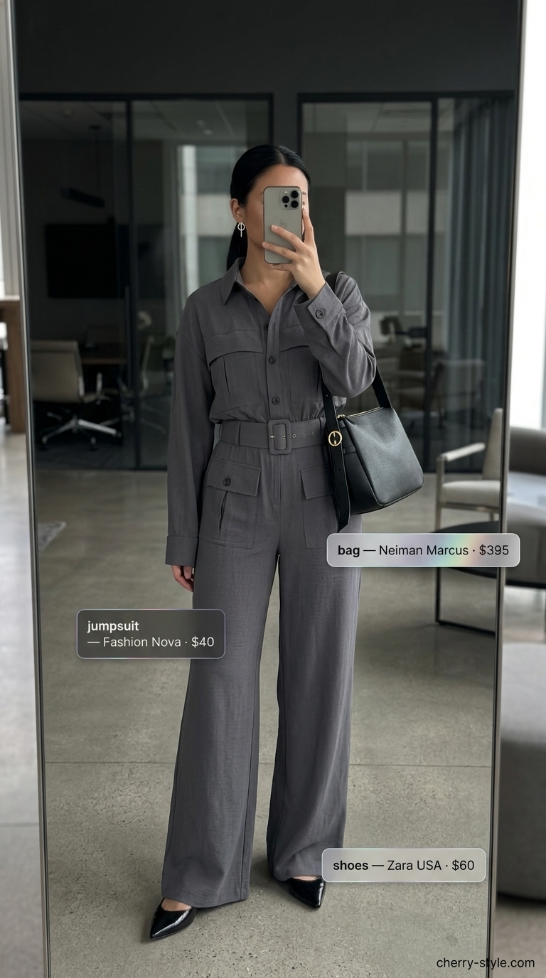 Cool summer office outfits for women 2026: Charcoal grey utility jumpsuit with black slingbacks and a shoulder bag for everyday office.