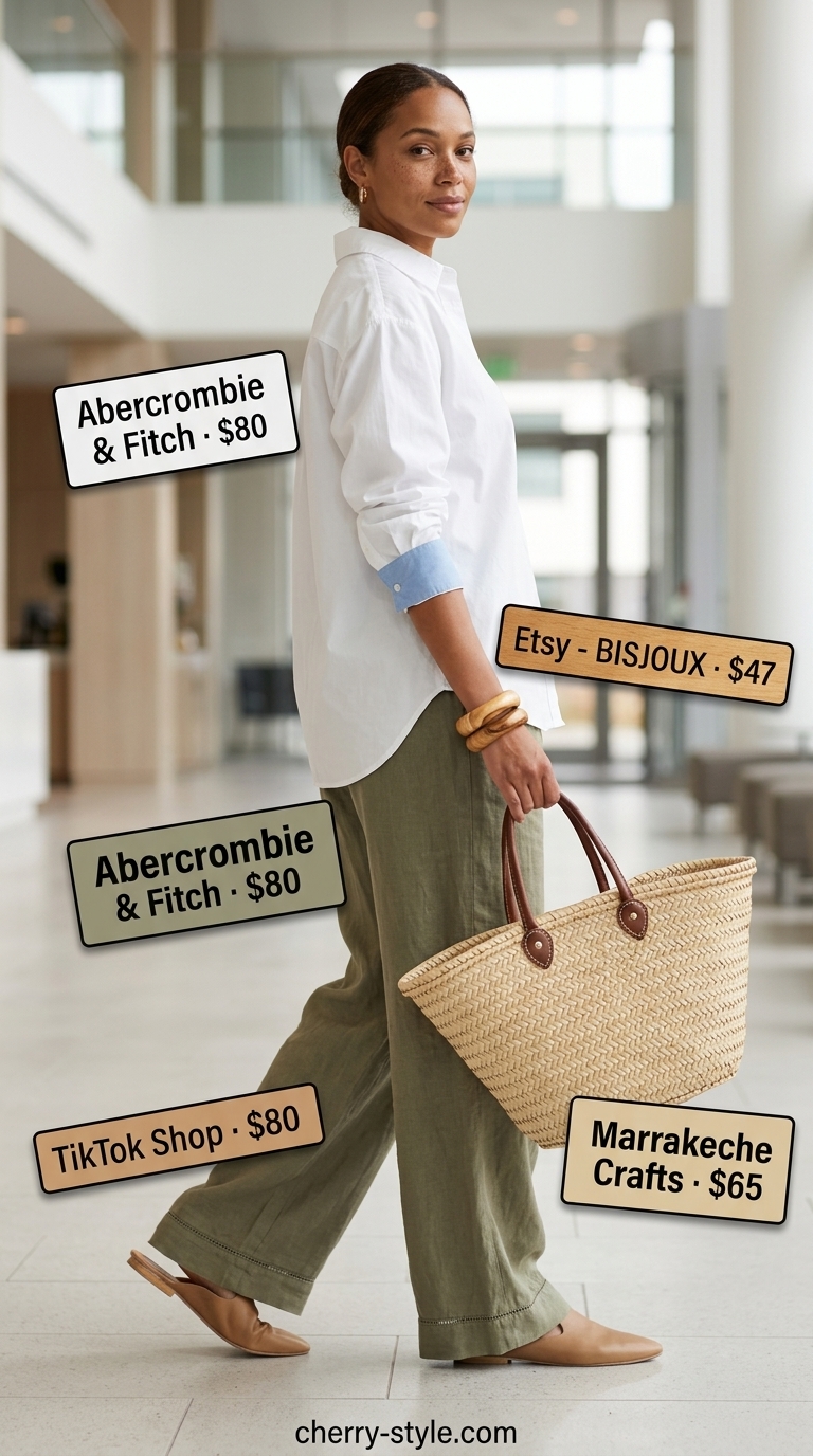 Cool summer office outfits for women 2026: Khaki green linen trousers with a white shirt and woven tote for a relaxed office day.