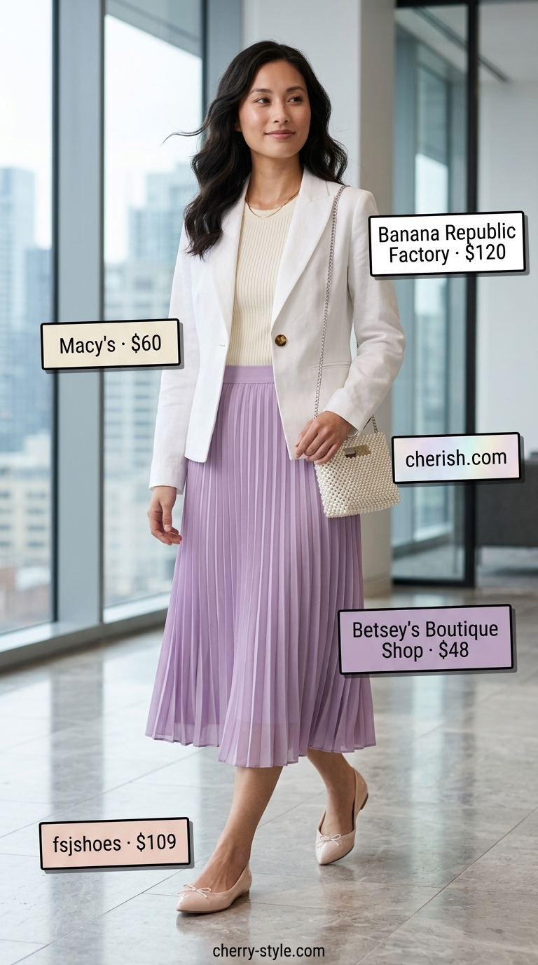 Lavender midi skirt with cream blazer for cool summer office outfits for women 2026. Feminine and graceful.