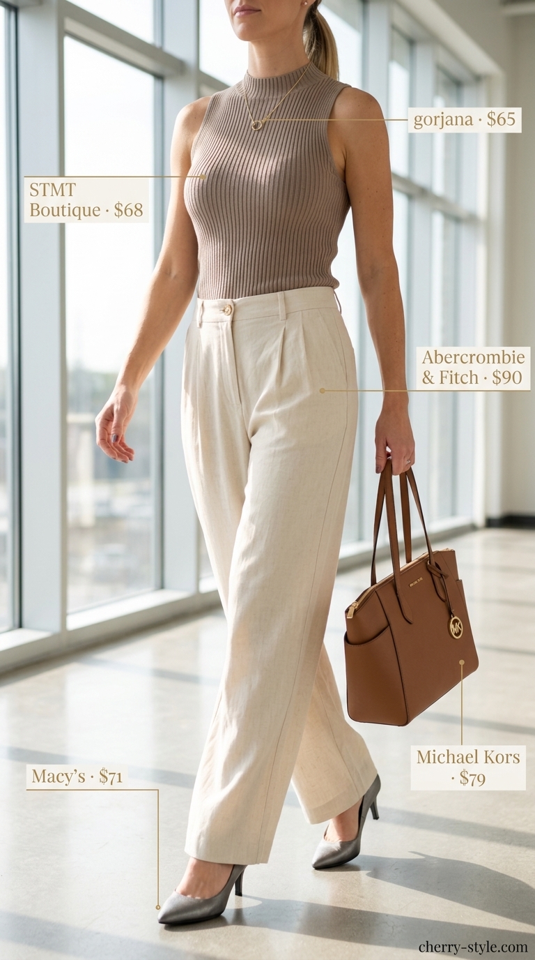 Cool summer office outfits for women 2026: Cream wide-leg linen pants, camel knit top, grey pumps, and tote.