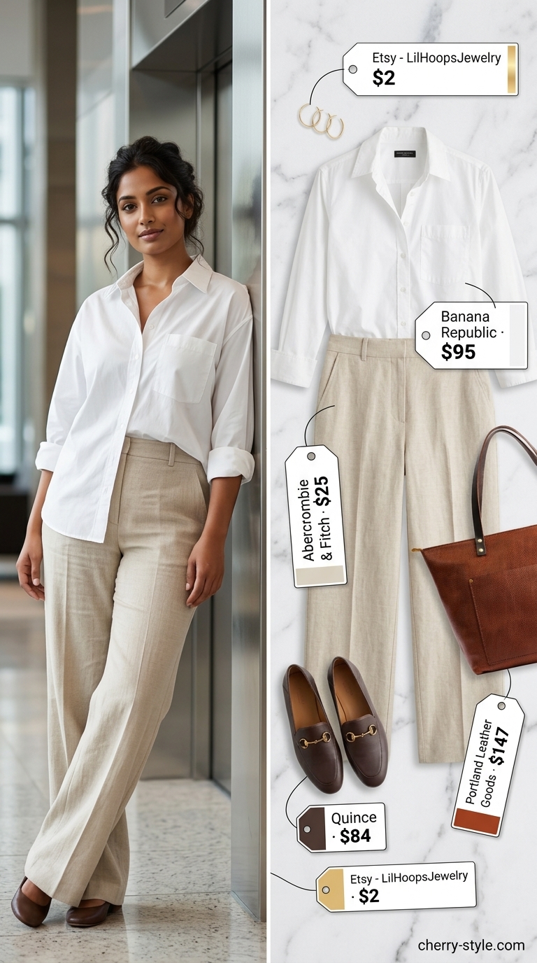 Cool summer office outfits for women 2026: Beige linen trousers with an oversized white shirt and loafers for a relaxed office vibe.