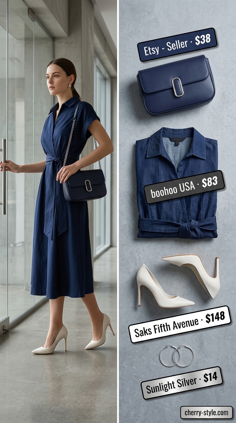 Navy shirt dress with white pumps for cool summer office outfits for women 2026. Authoritative and polished.