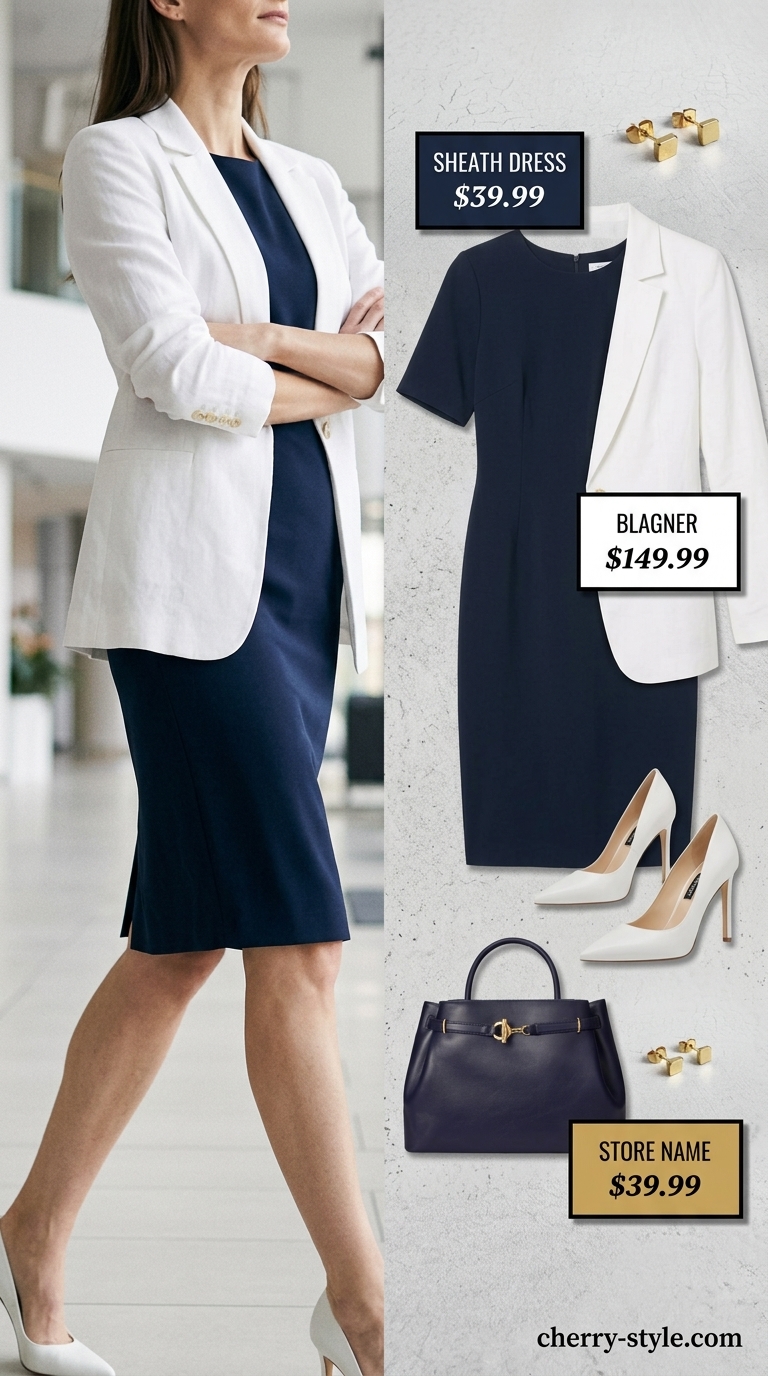 Cool summer office outfits for women 2026: Navy sheath dress, white blazer, and white pumps.