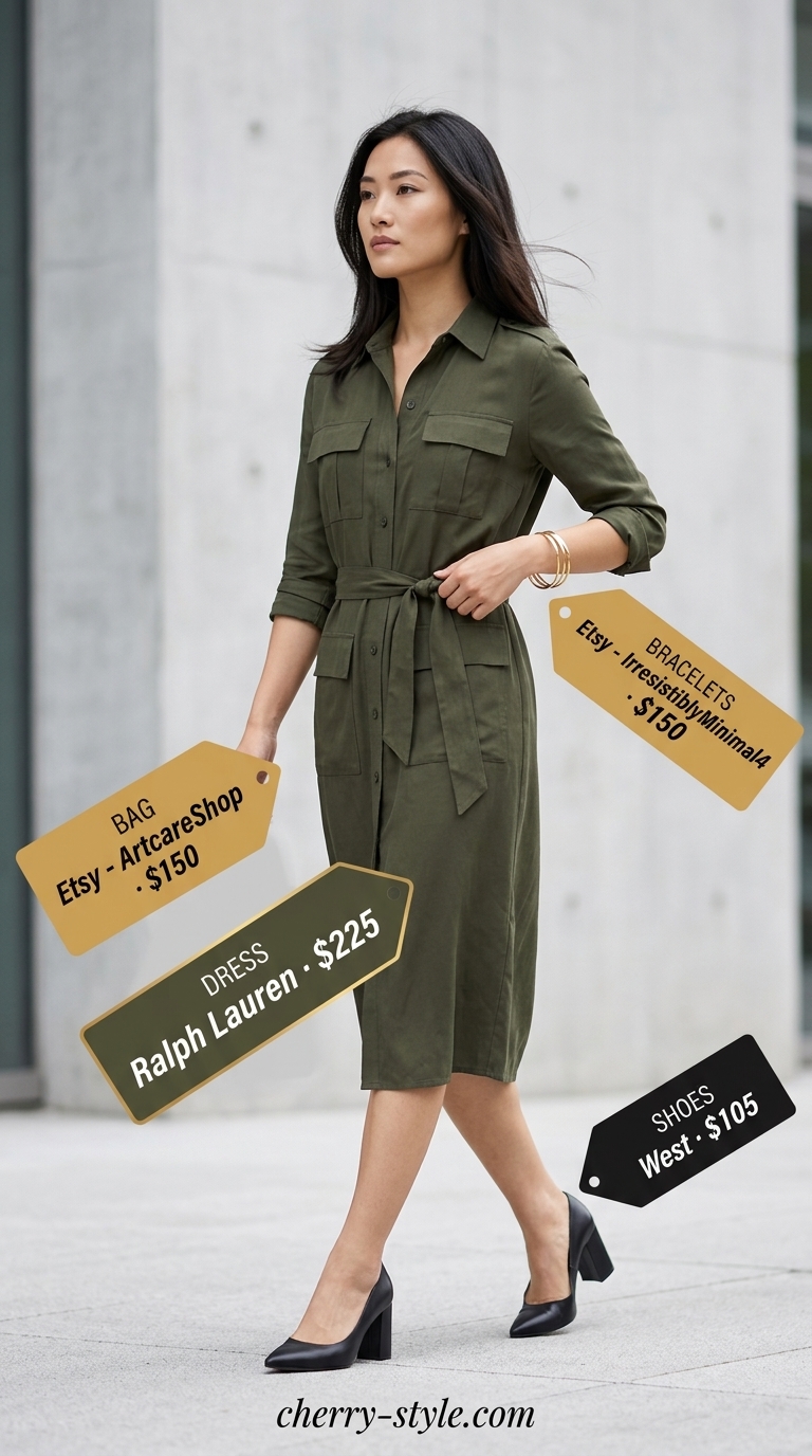 Olive green shirtdress with black pumps for cool summer office outfits for women 2026. Chic and contemporary.
