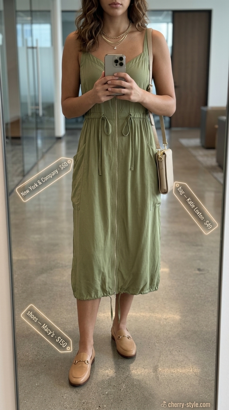 Cool summer office outfits for women 2026: Olive utility dress, beige loafers, and tan crossbody bag.