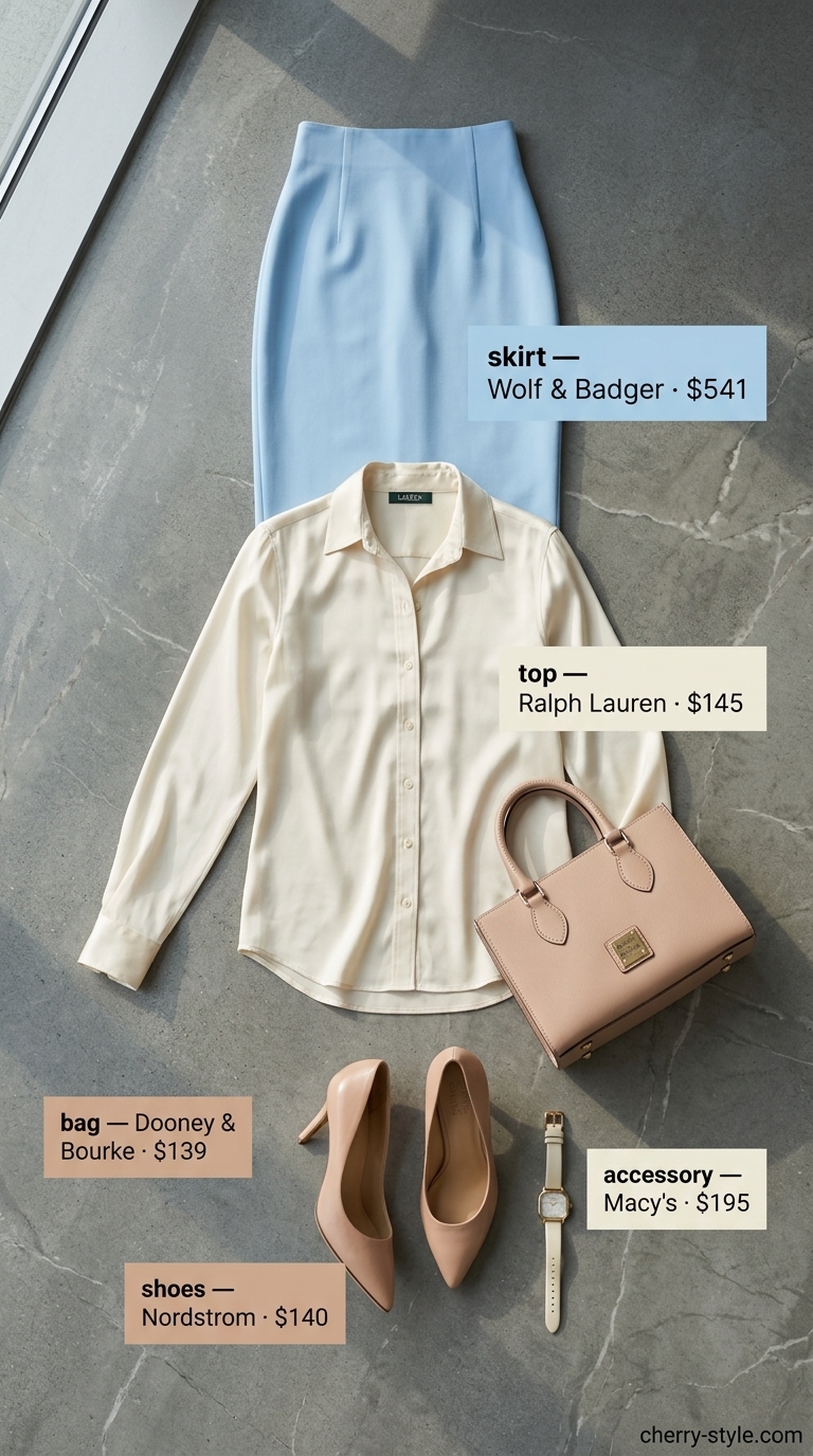 Cool summer office outfits for women 2026: Powder blue pencil skirt, ivory silk blouse, nude pumps.