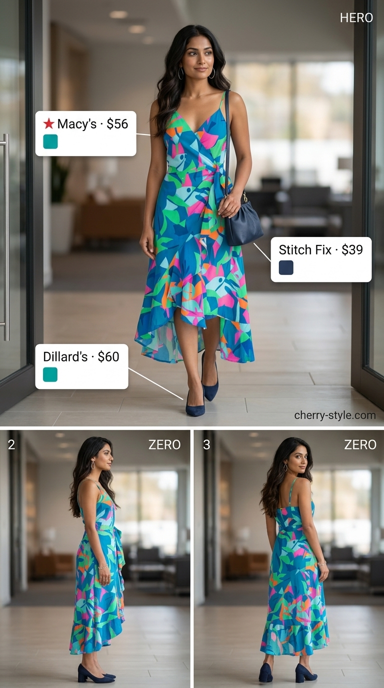 Cool summer office outfits for women 2026: Teal and white print wrap dress with navy pumps and silver earrings for an office party.