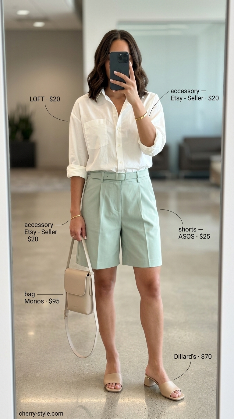 Cool summer office outfits for women 2026: Mint green Bermuda shorts with an ivory shirt and block heels for a business casual Friday.