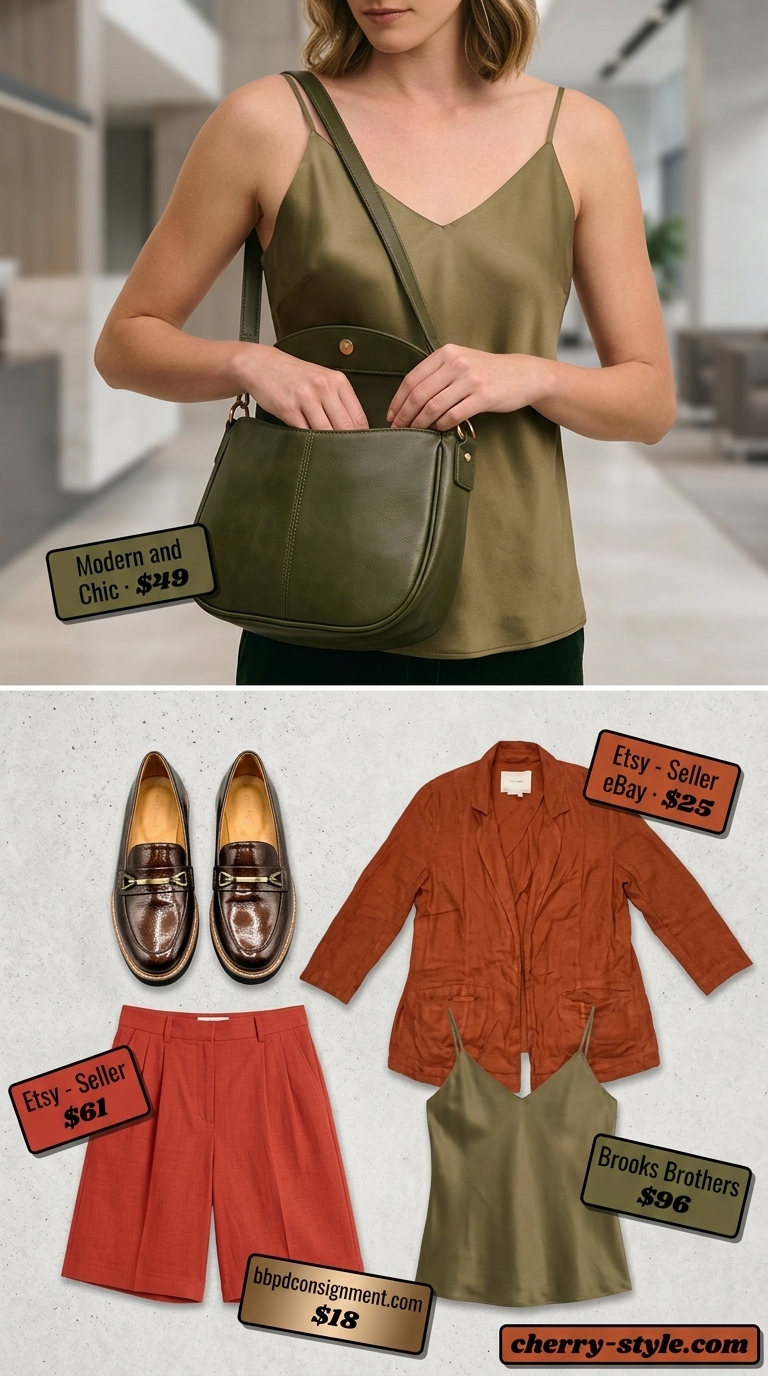 Terracotta shorts with olive green cami for cool summer office outfits for women 2026. Relaxed professional.