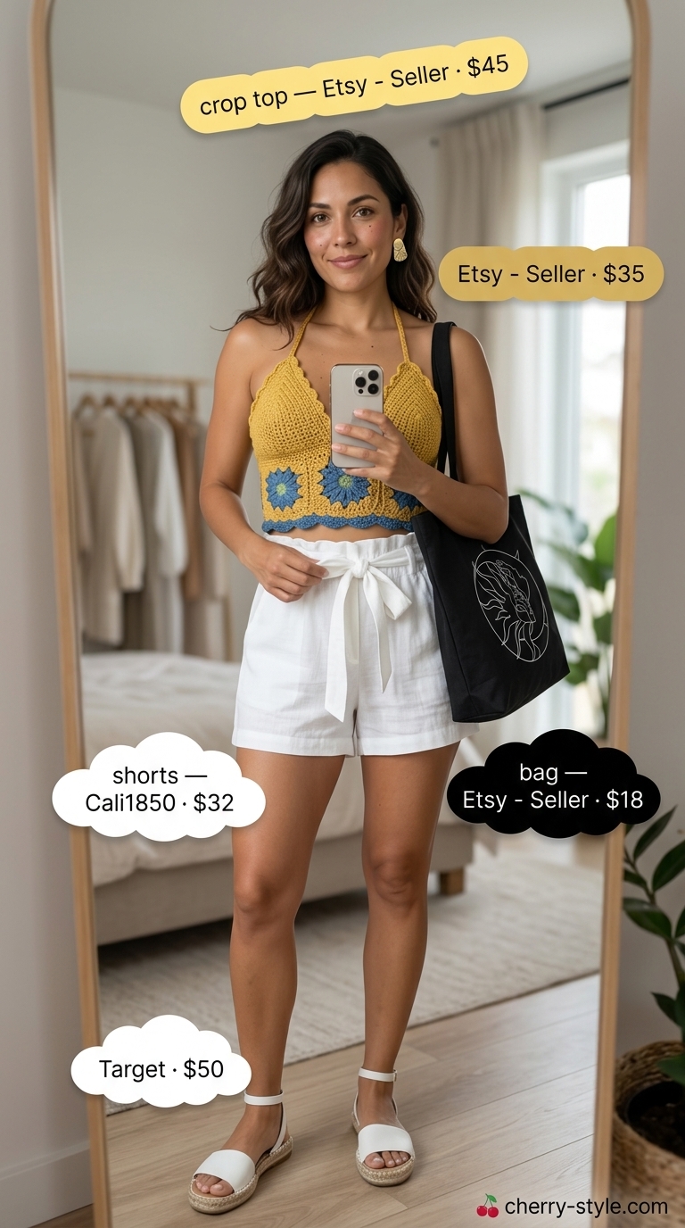 Artistic crochet summer crop top outfits 2026: Teal & mustard color block crochet top with white paperbag shorts.