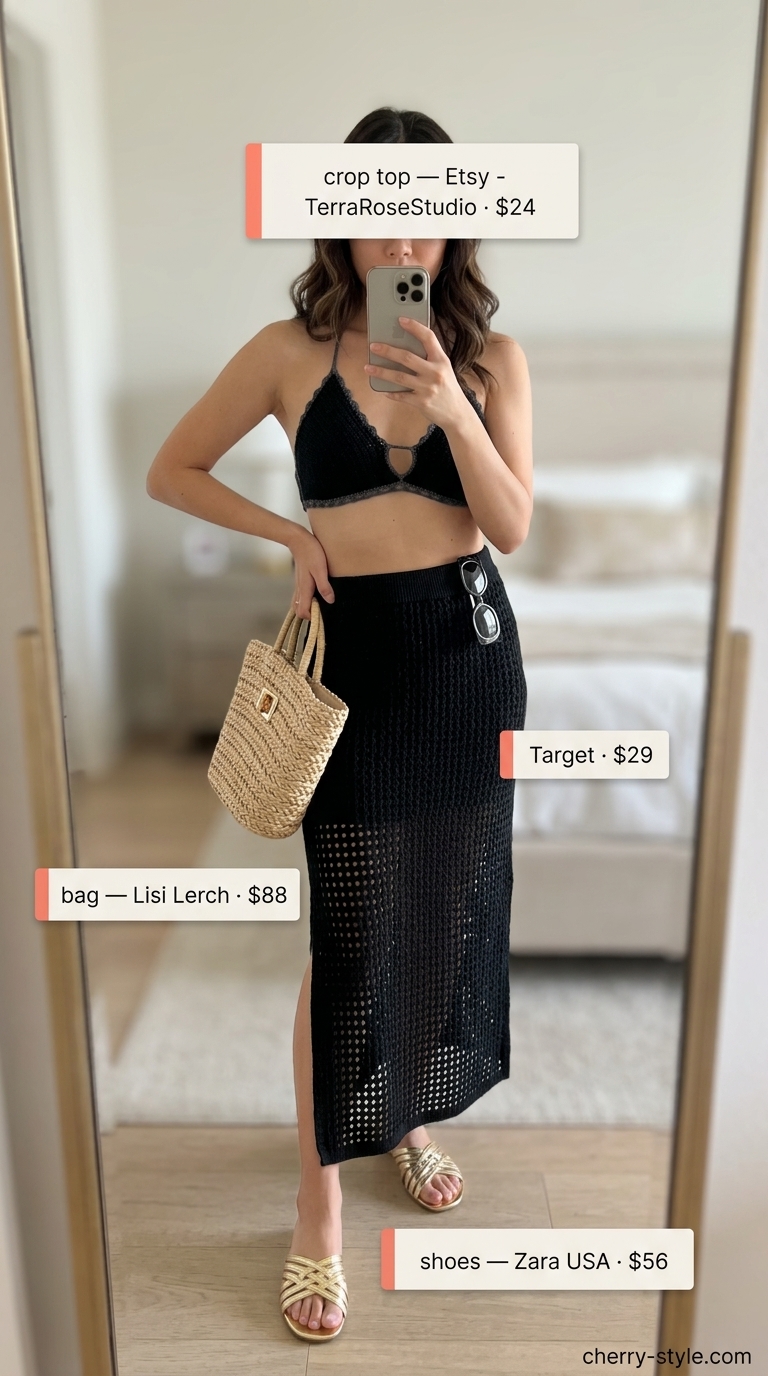 Black crochet halter crop top outfit for resort wear with matching maxi skirt and metallic sandals.