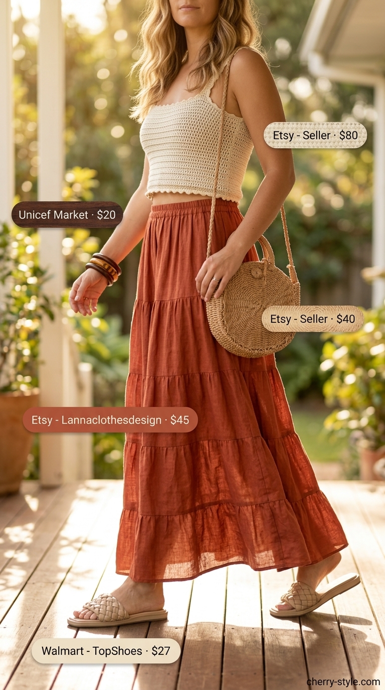 Bohemian beach outfit featuring a cream crochet crop top, terracotta maxi skirt, and slide sandals for summer 2026.