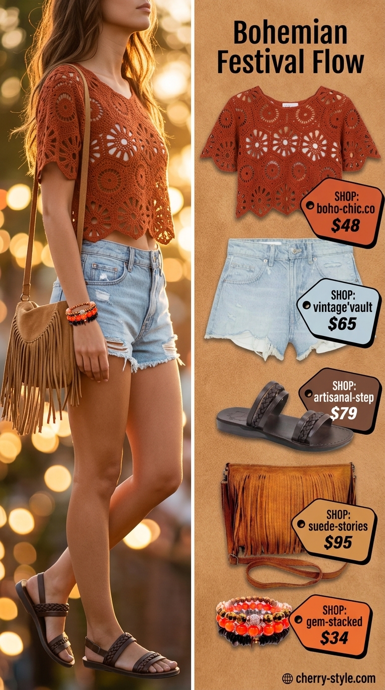 Bohemian festival outfit with a terracotta crochet crop top, distressed denim shorts, and a fringed suede bag for 2026.