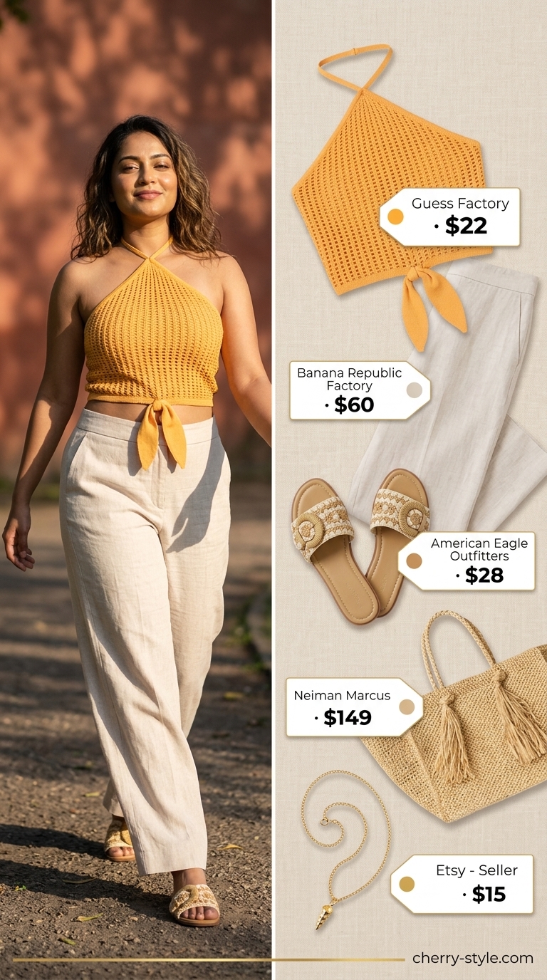 Boho crochet summer crop top outfits 2026: Terracotta halter neck crochet top with cream linen pants for beach.