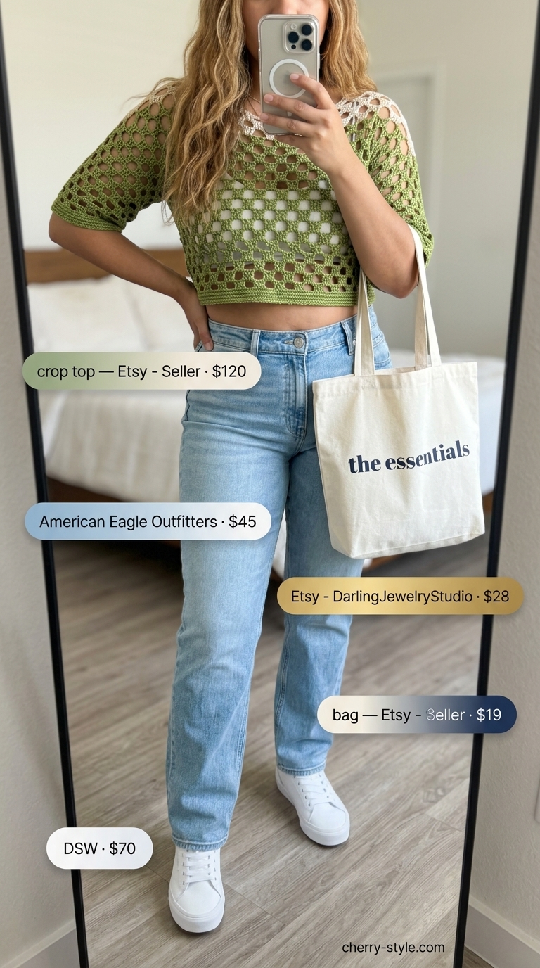 Crochet summer crop top outfits 2026: Sage green crochet top with distressed denim jeans for a casual weekend look.