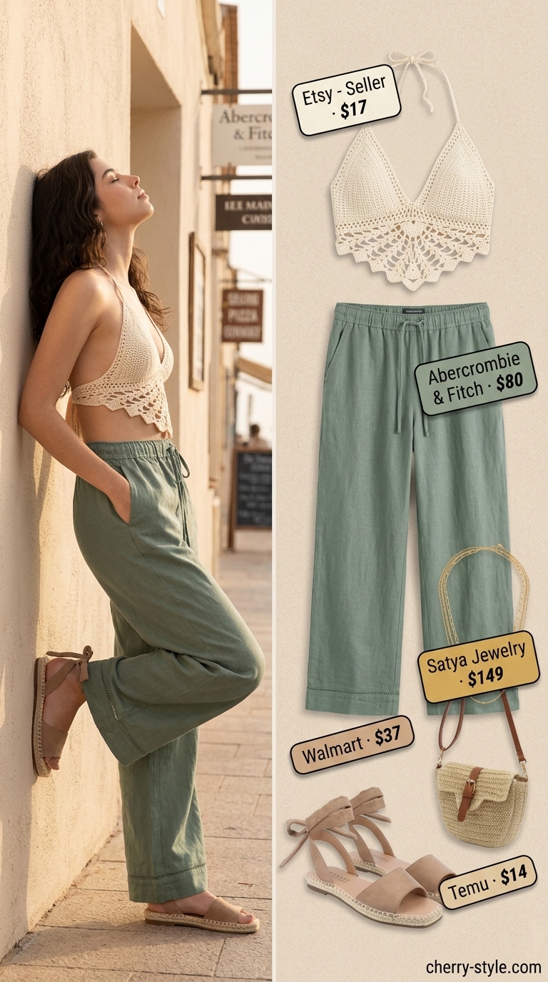 Chic coastal brunch outfit featuring a cream crochet halter crop top, sage green linen pants, and espadrilles for 2026.