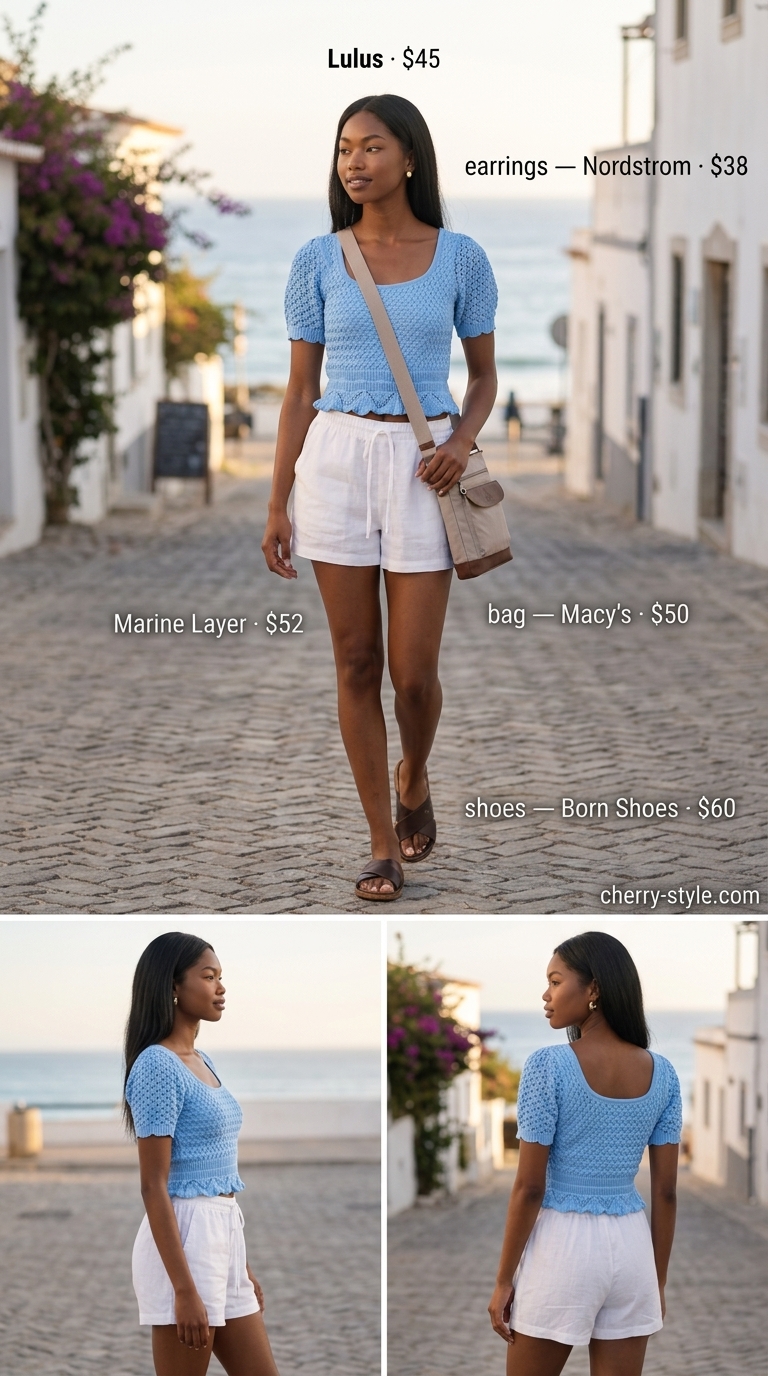 Relaxed coastal outfit with a sky blue crochet crop top, linen shorts, and leather sandals for summer 2026.