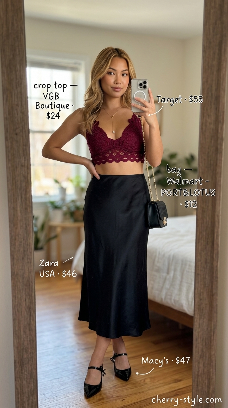 Romantic crochet summer crop top outfits 2026: Burgundy bralette crop top with black satin midi skirt for date night.