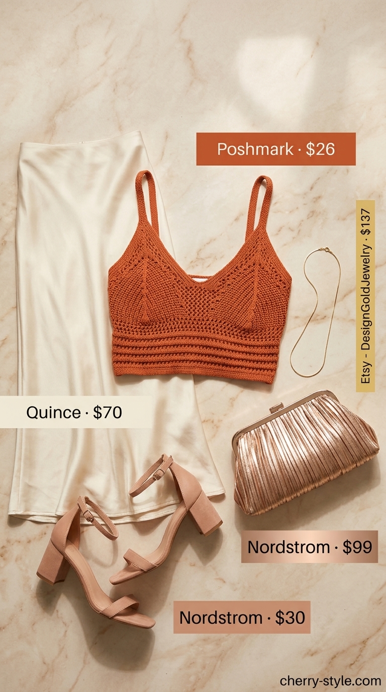 Romantic desert bloom outfit with a rust crochet crop top, satin midi skirt, and block heels for summer 2026.