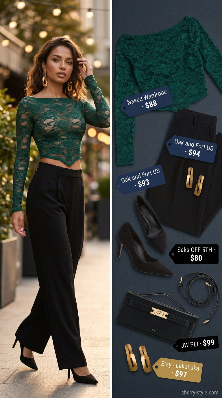 Emerald green crochet crop top outfit for date night with wide-leg trousers and statement earrings.