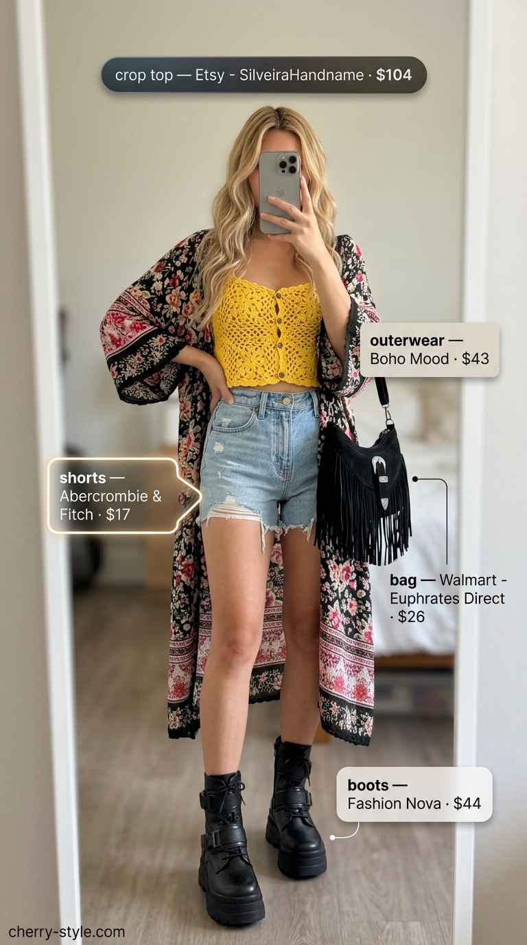 Festival outfit with a colorful granny square crochet crop top, denim shorts, and a floral kimono for summer 2026.