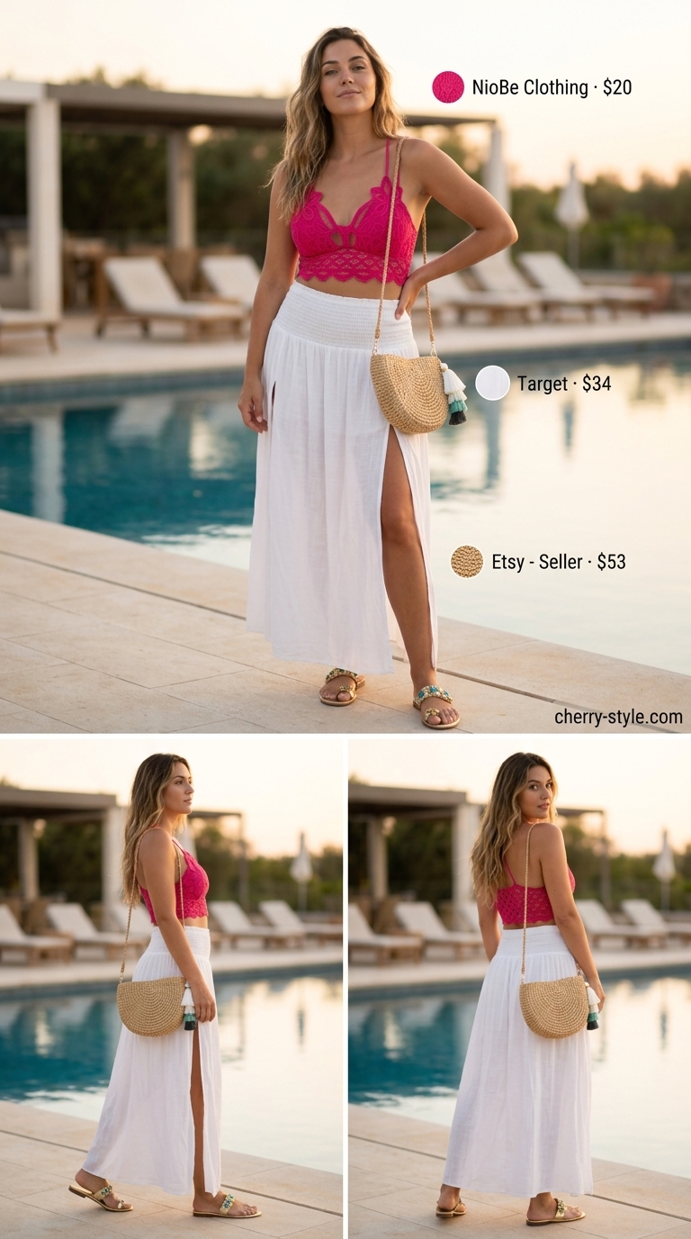 Fuchsia crochet bralette crop top outfit for poolside glam with flowy maxi skirt and straw accessories.