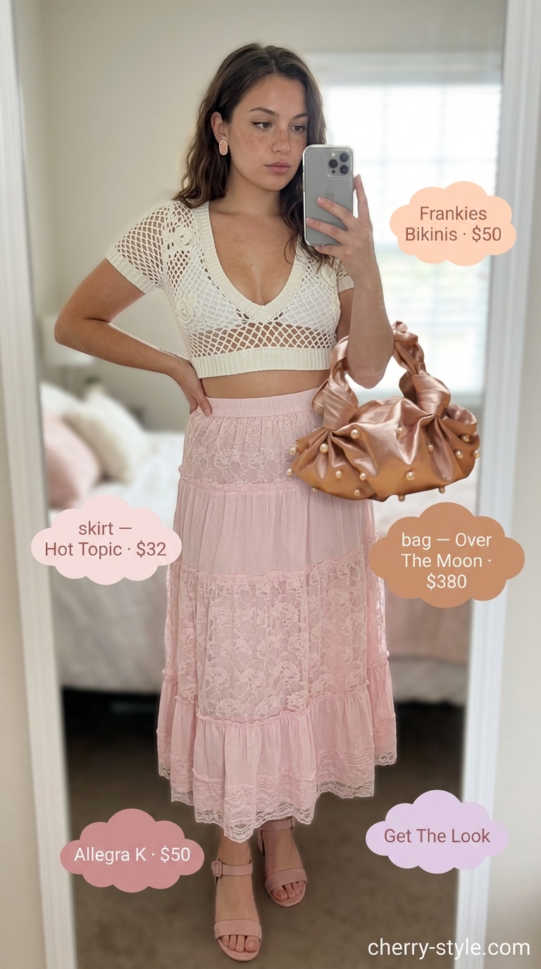Sweet garden party outfit with a white crochet lace crop top, pink tiered midi skirt, and block heels for 2026.