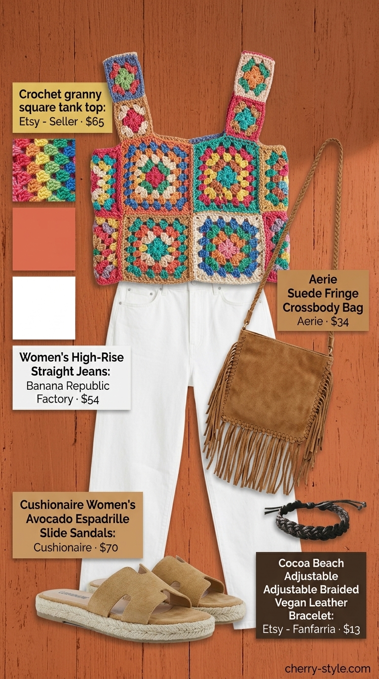 Fun crochet summer crop top outfits 2026: Multi-color granny square top with white denim jeans for festivals.