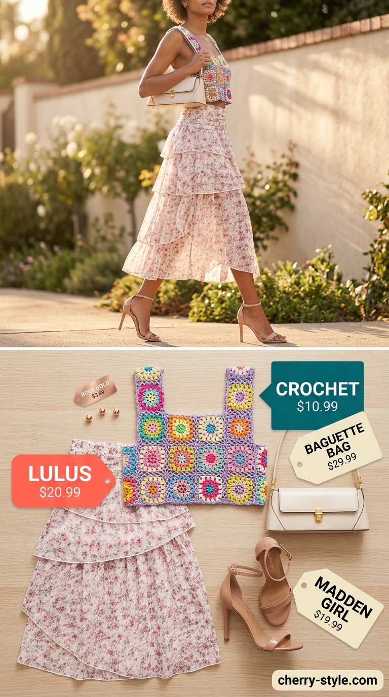 Lavender crochet crop top outfit for garden party with flowy midi skirt and nude heels.