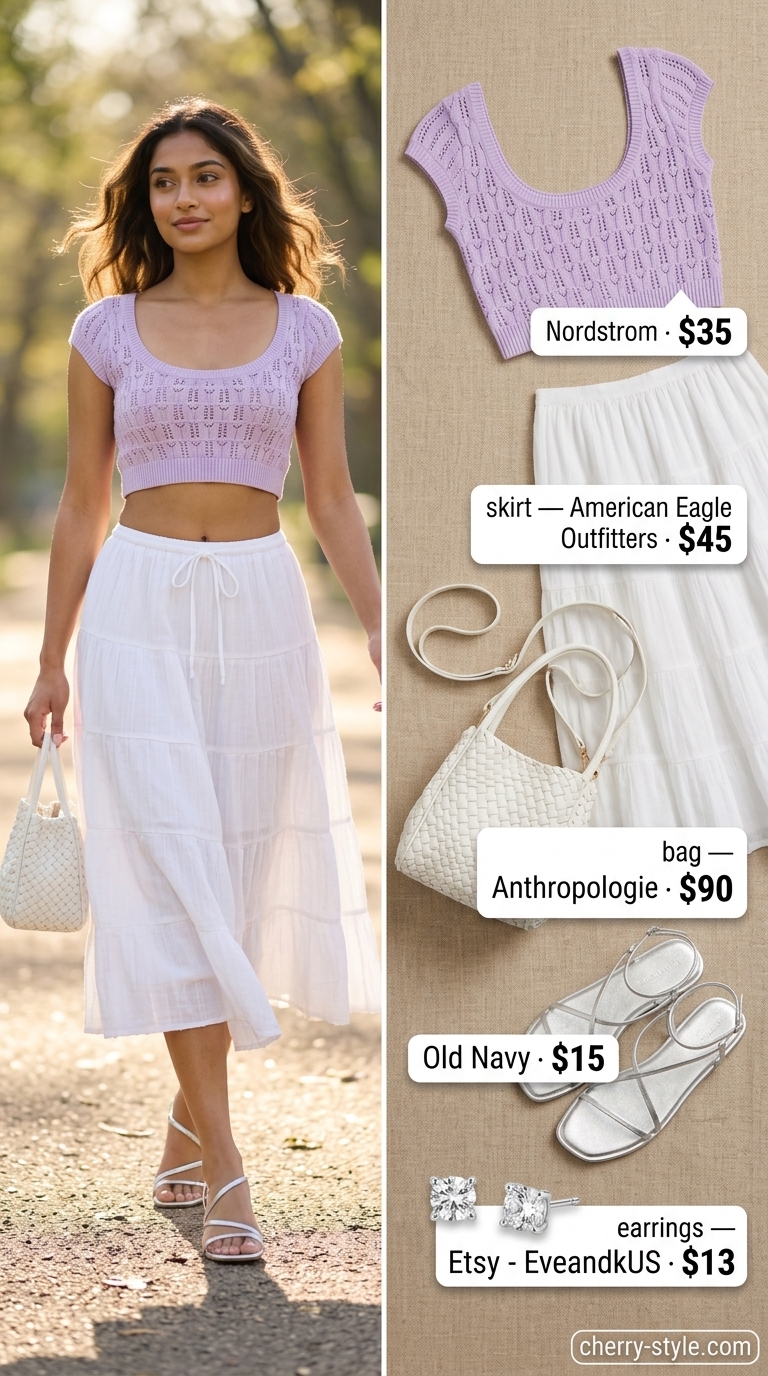 Sweet crochet summer crop top outfits 2026: Lavender pointelle crochet top with white tiered midi skirt for picnic.