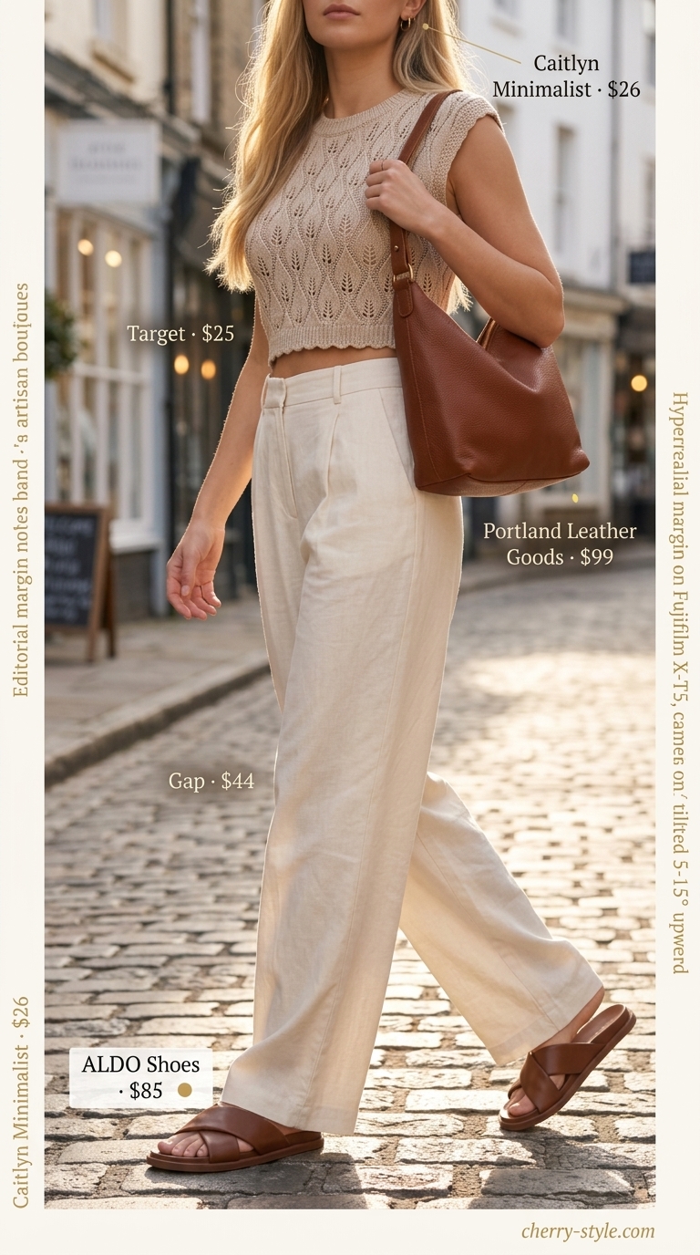 Oatmeal crochet crop tank outfit for minimalist style with linen trousers and leather bag.