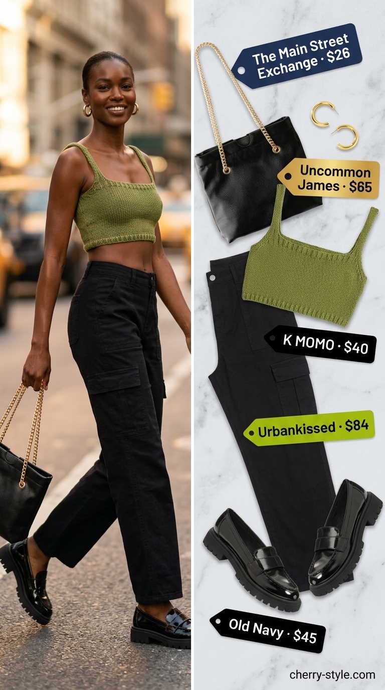 Olive green crochet crop top outfit for city sightseeing with cargo pants and chunky loafers.