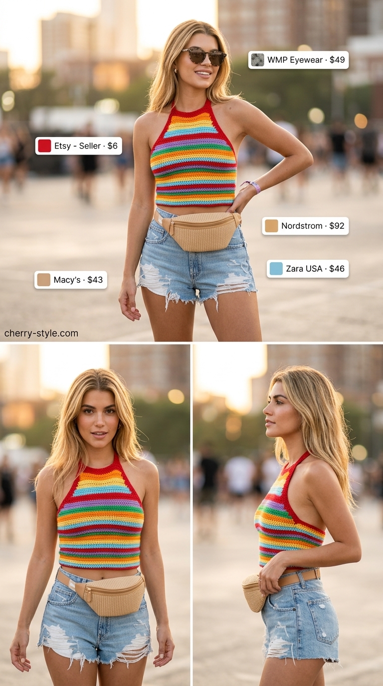 Retro festival outfit with rainbow crochet crop top, distressed denim shorts, and espadrilles. Perfect for summer 2026.