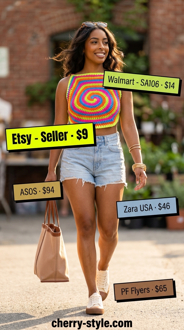 Multi-color crochet crop top outfit for road trip with denim shorts and retro sunglasses.