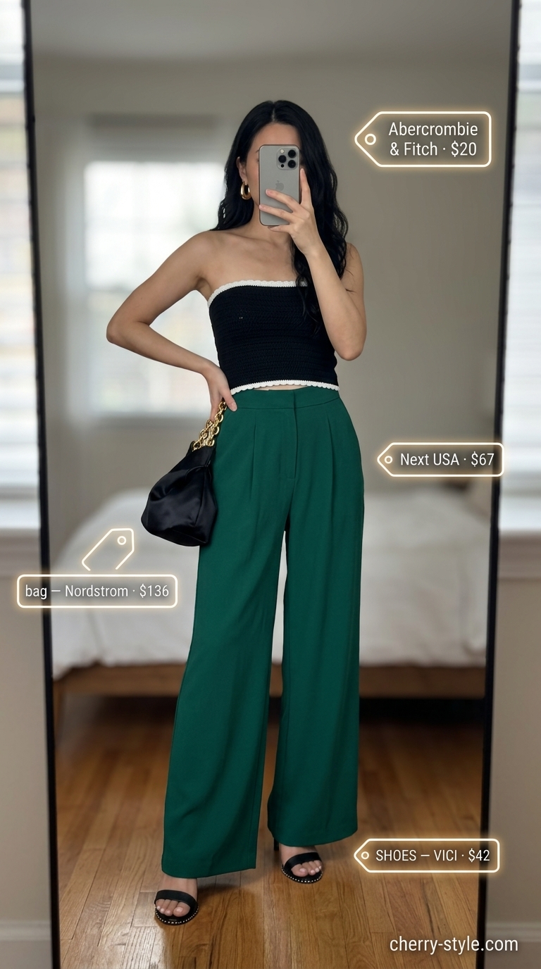 Chic crochet summer crop top outfits 2026: Black bandeau crochet top with emerald green wide-leg trousers for dinner.