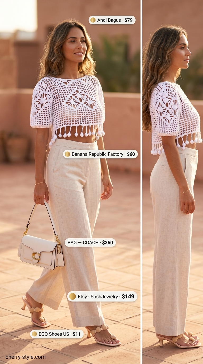 Sophisticated ecru outfit with a textured crochet crop top and wide-leg linen trousers for summer 2026.