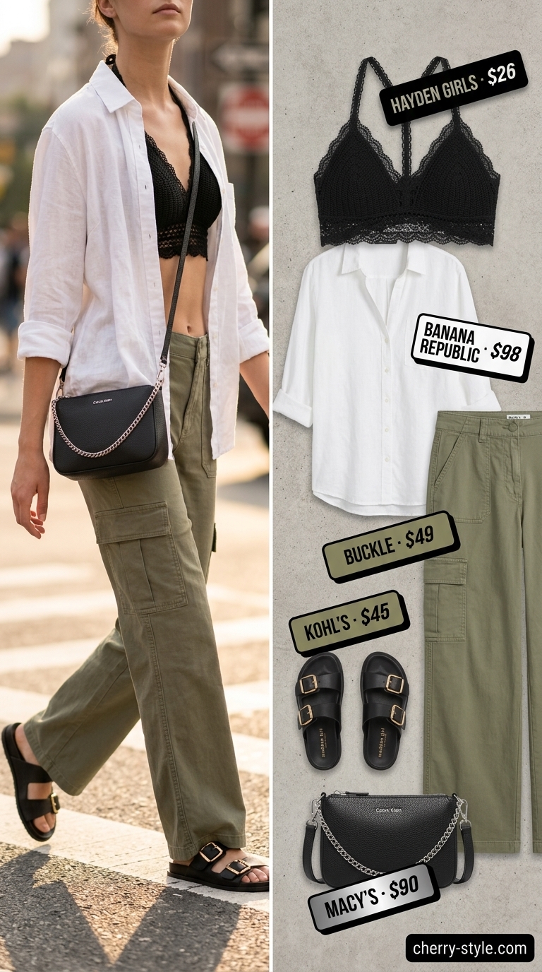 Edgy urban outfit with a black crochet bralette, khaki cargo pants, and an oversized white linen shirt for 2026.