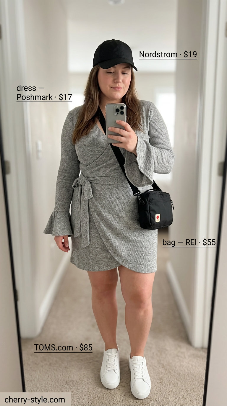 Heather grey knit wrap dress outfit with sneakers and a crossbody bag for a casual summer 2026 day.