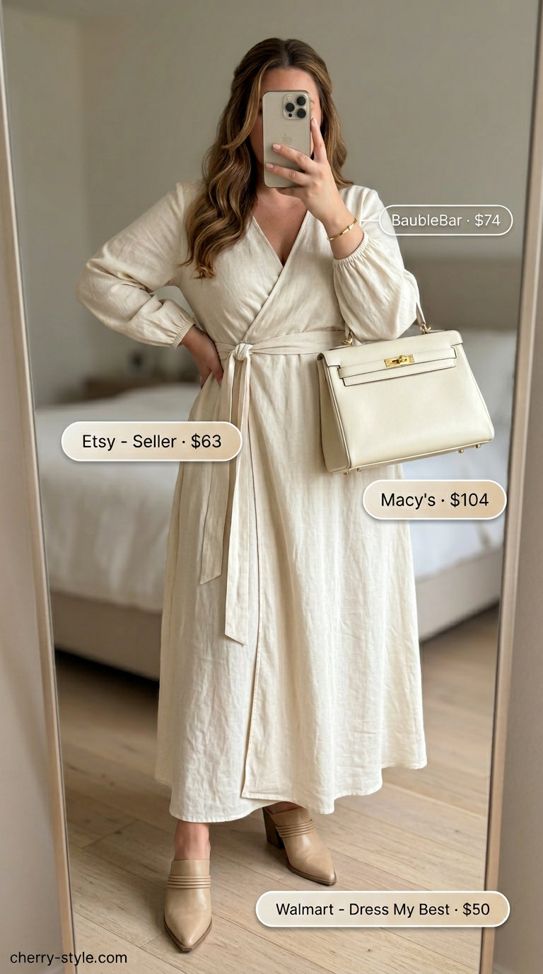 Elegant curvy wrap dress outfit summer 2026 for dinner with camel linen dress, gold cuff, and pointed mules.