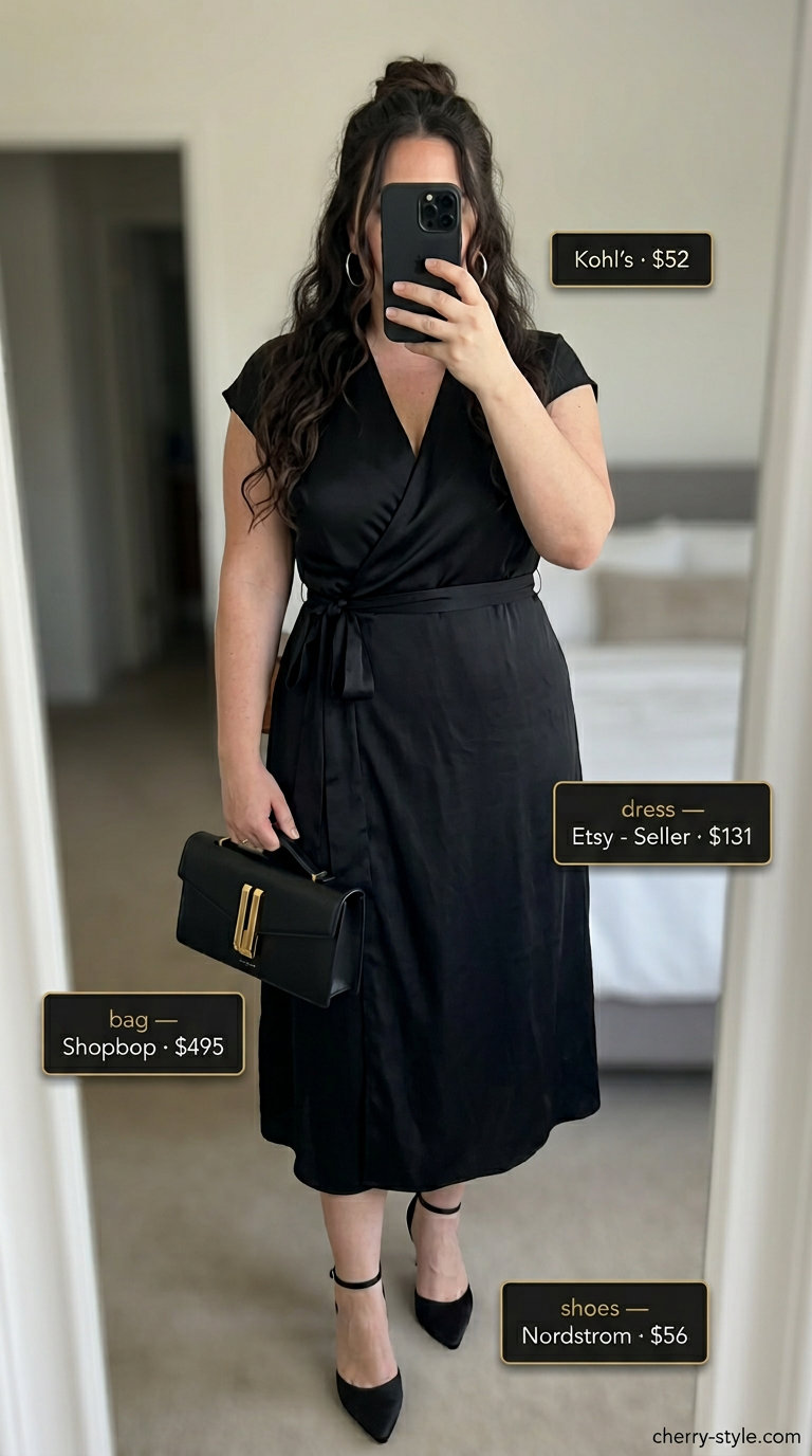Modern curvy wrap dress outfit summer 2026 for office with charcoal grey midi dress, black pumps, and silver earrings.