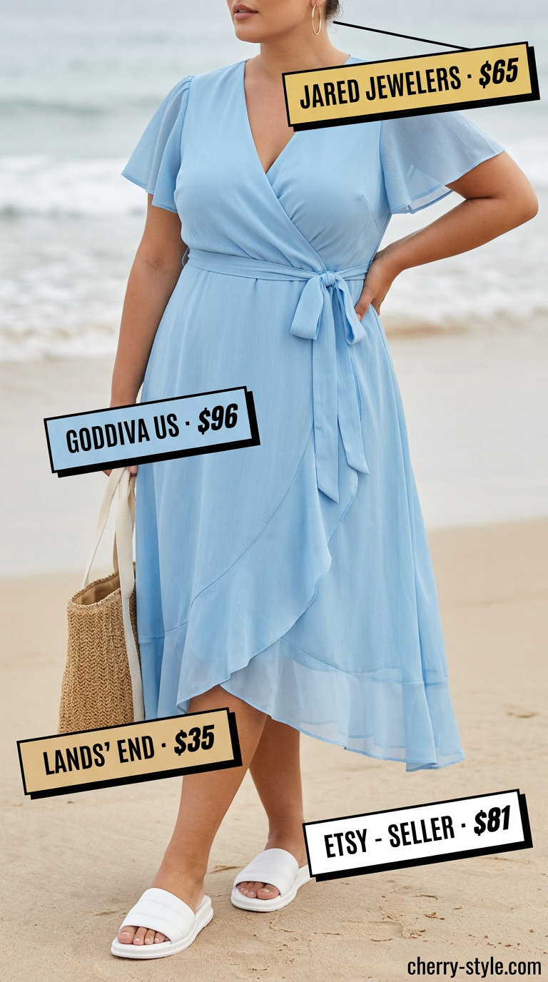 Curvy wrap dress outfit summer 2026: Sky blue wrap dress, white slides, and straw tote for a relaxed beach day look.