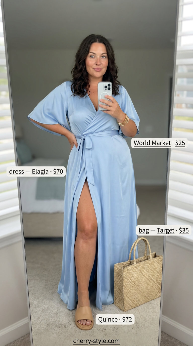 Curvy wrap dress outfit summer 2026: Sky blue maxi wrap dress, natural slides, and straw tote for a serene beach vacation.