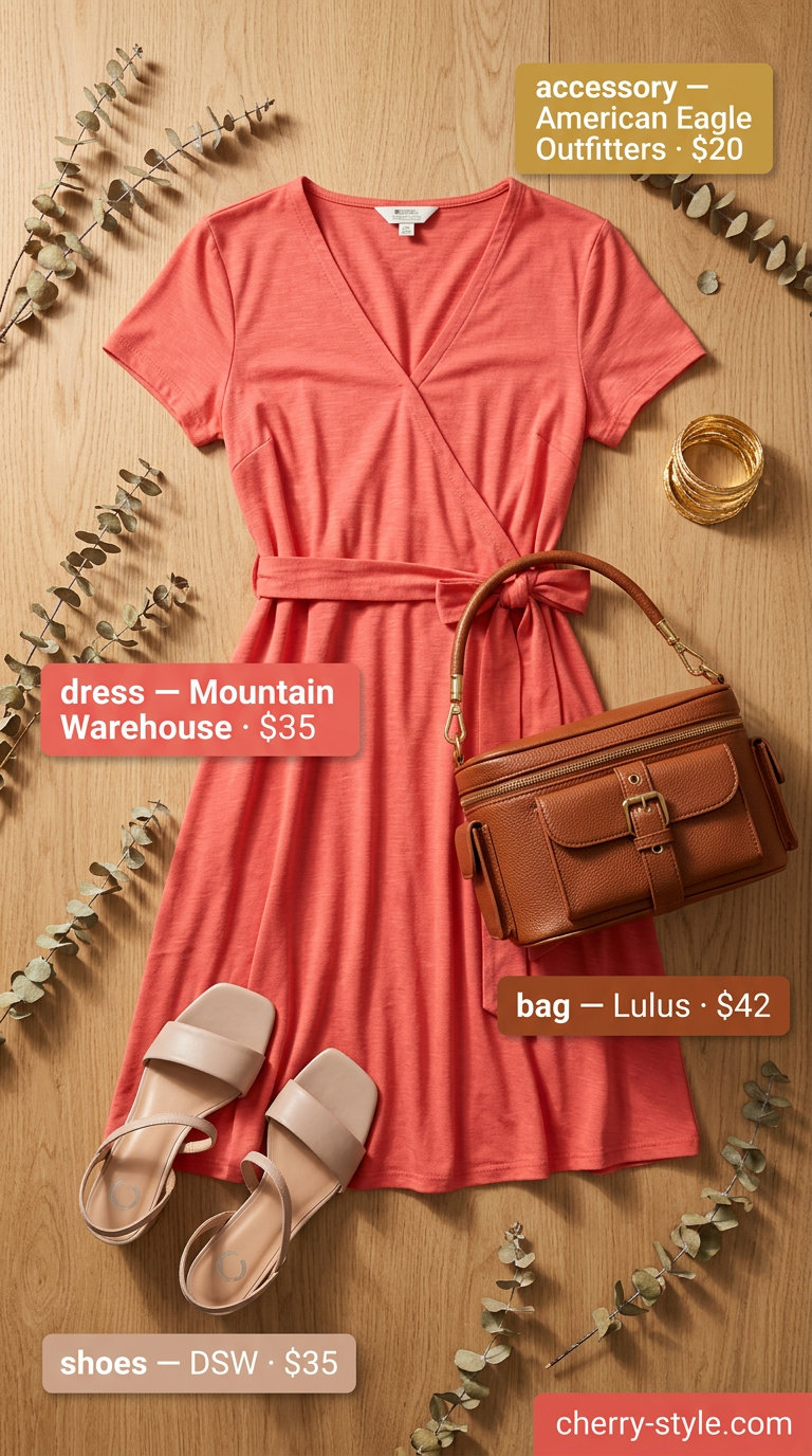 Curvy wrap dress outfit summer 2026: Vibrant coral midi wrap dress with gold bangles and nude block heels for a summer party.