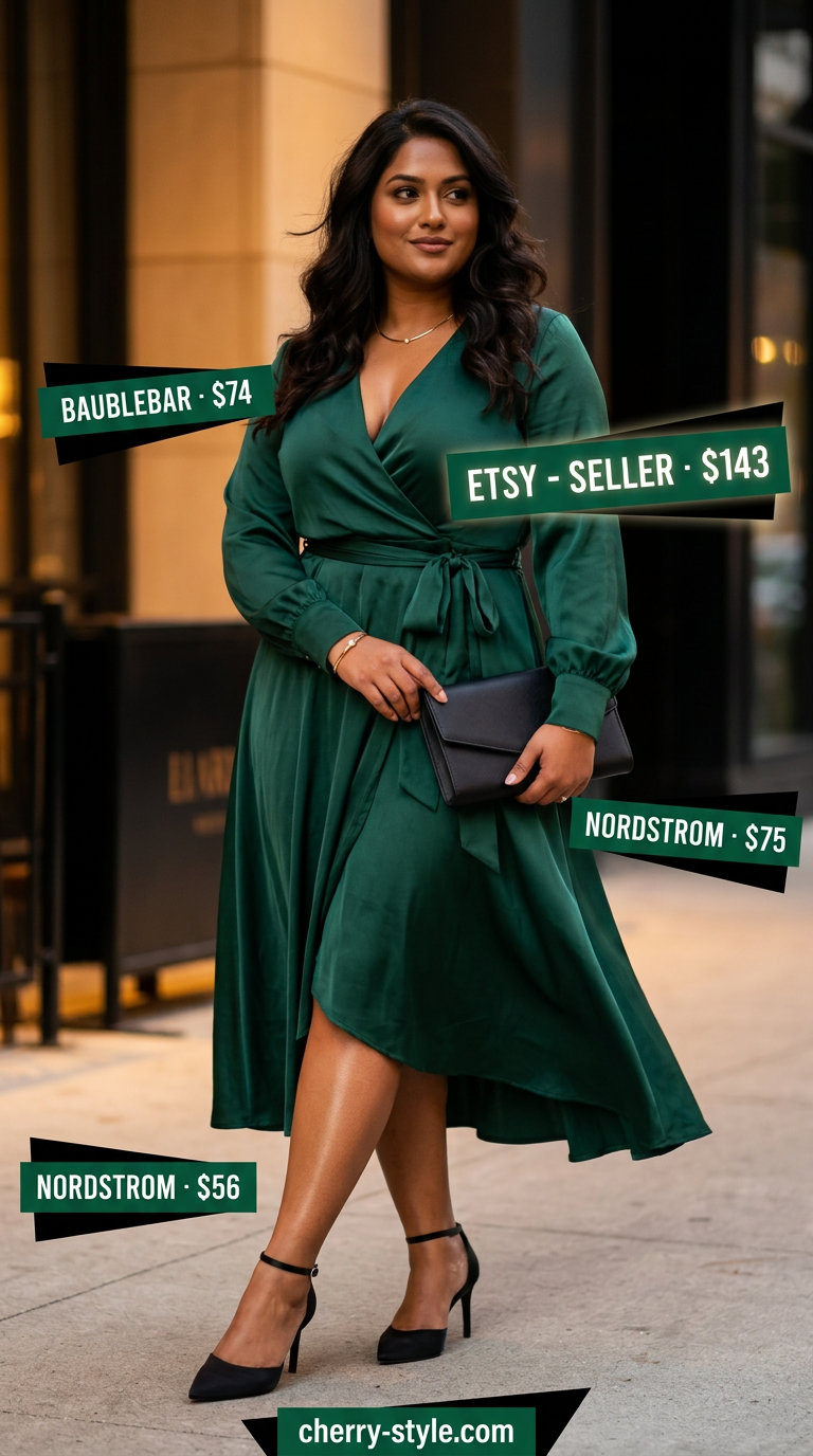 Emerald green silk wrap dress outfit for a summer 2026 cocktail party with gold accents and black heels.