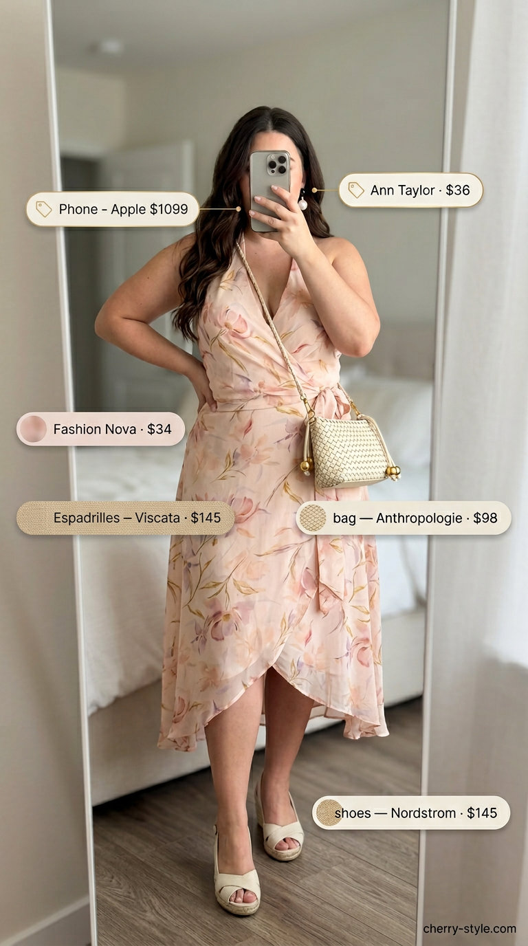 Blush pink floral midi wrap dress outfit for a summer 2026 garden party with espadrilles.