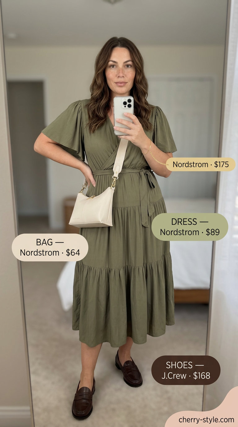 Chic curvy wrap dress outfit summer 2026 for brunch with olive green midi dress, cream bag, and tan loafers.