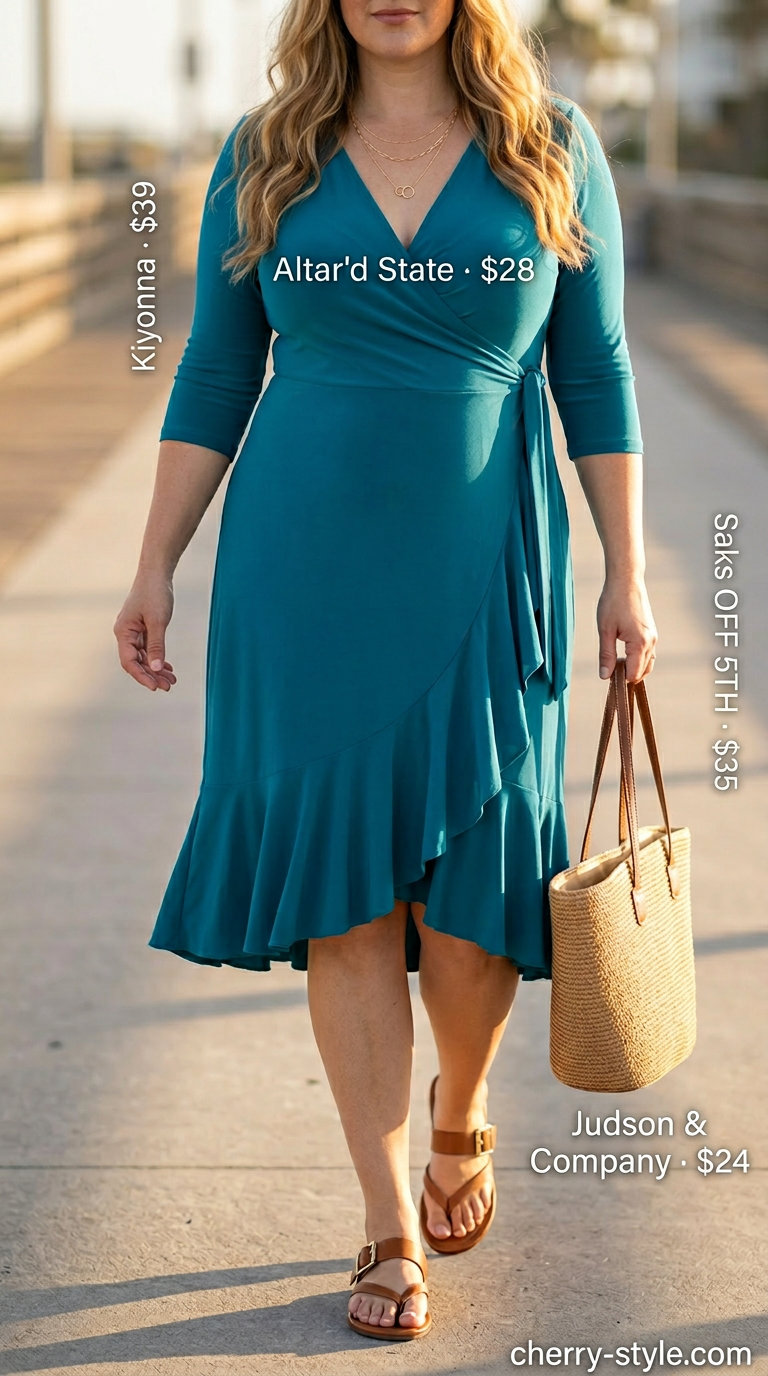 Curvy wrap dress outfit summer 2026: Teal satin midi wrap dress, tan slides, and straw tote for a chic beach day.