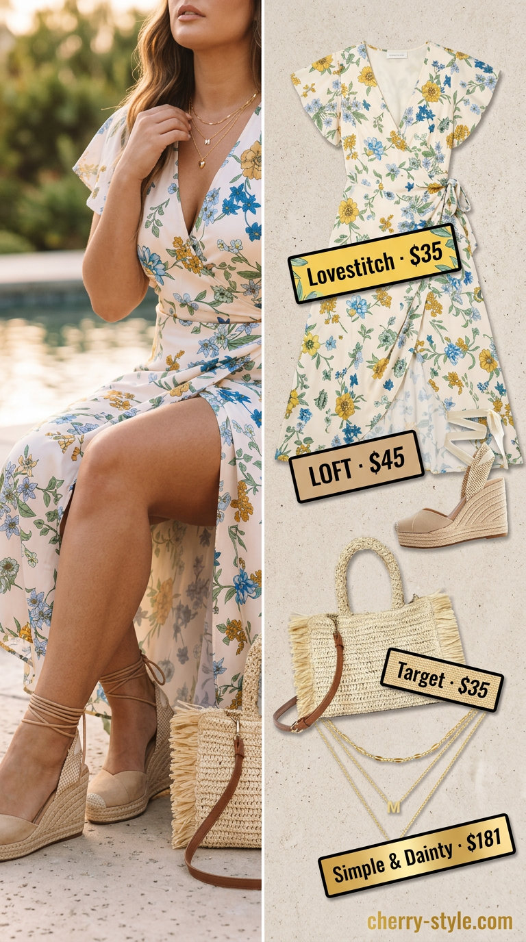 Curvy wrap dress outfit summer 2026: Yellow floral maxi wrap dress with espadrille wedges and gold necklaces for a garden party.